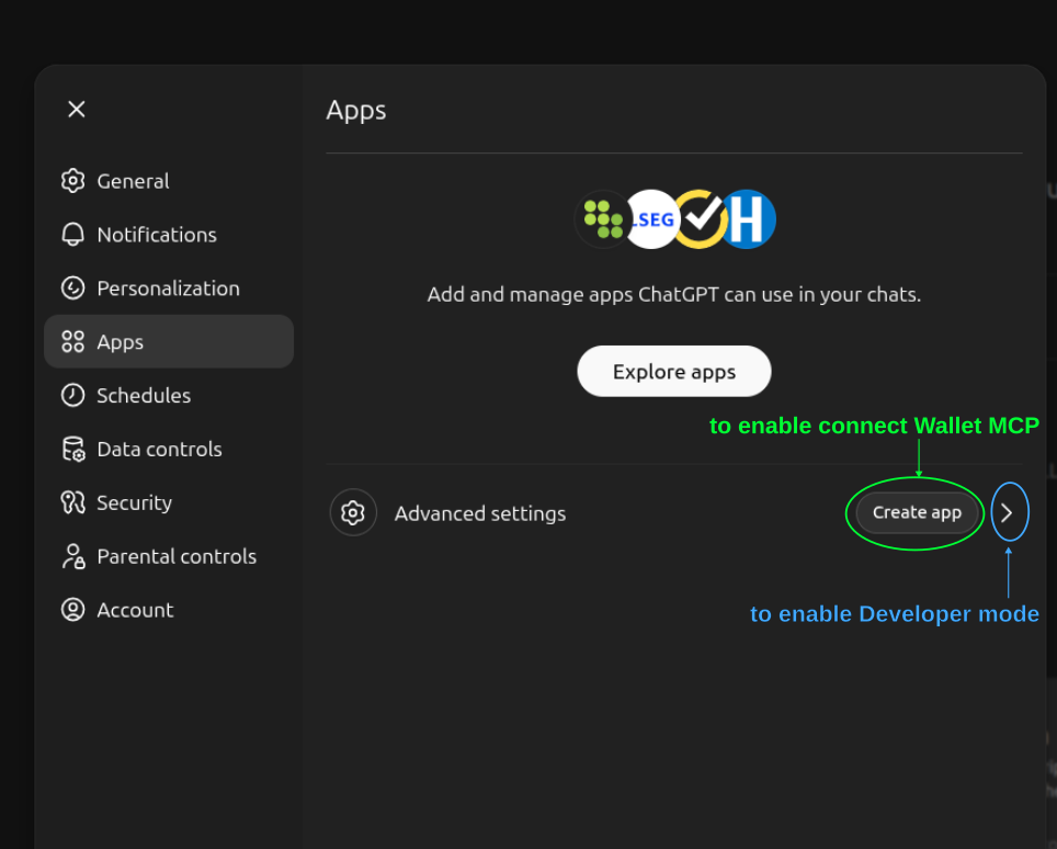 ChatGPT Settings showing the Apps page with Create app and Advanced settings buttons