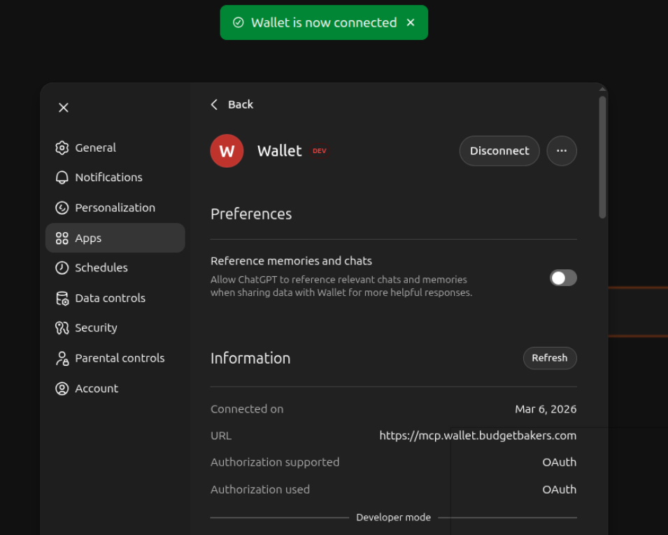 ChatGPT showing Wallet is now connected with connection details
