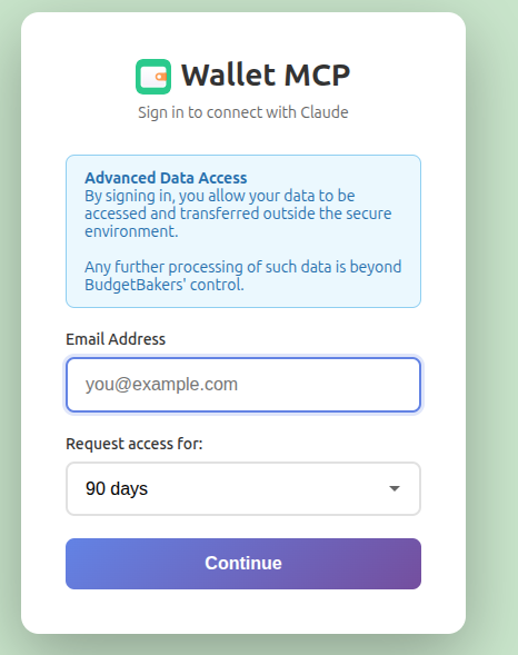 Wallet MCP login page with email input field