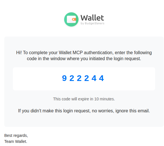 Email with authorization code from Wallet