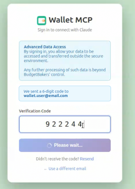 Wallet MCP login page with authorization code input