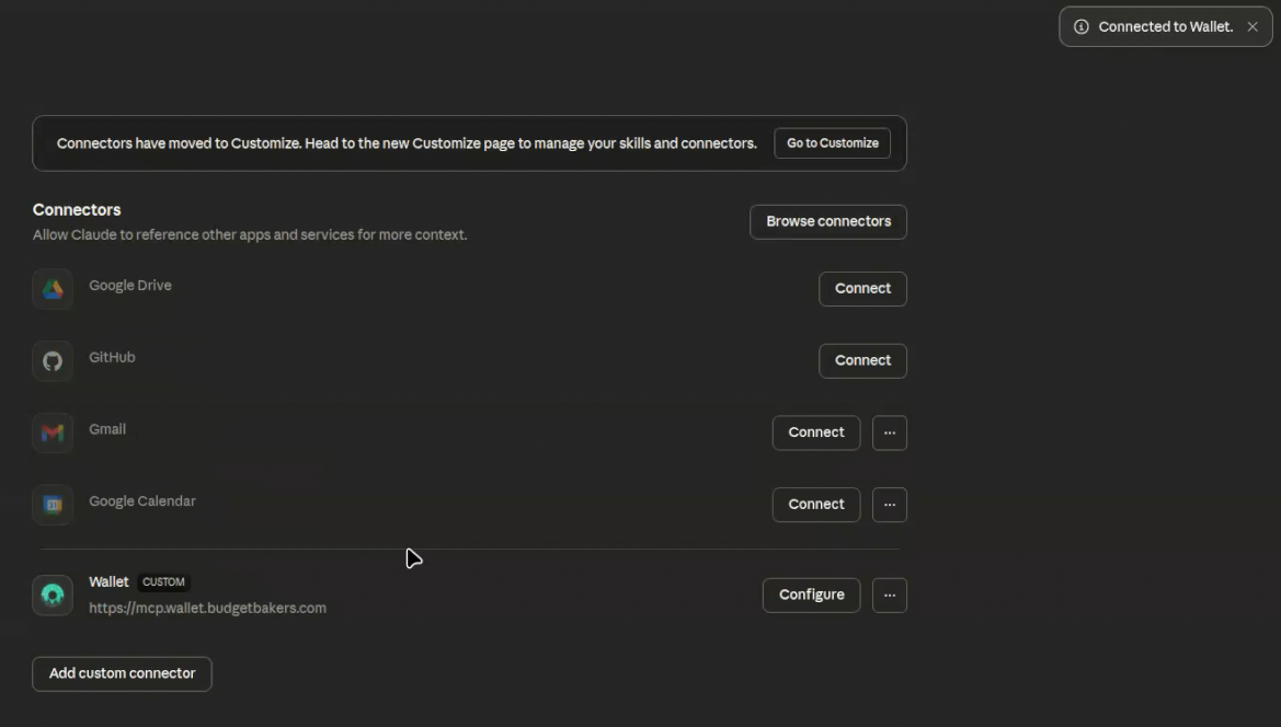 Claude showing Wallet connector is now connected